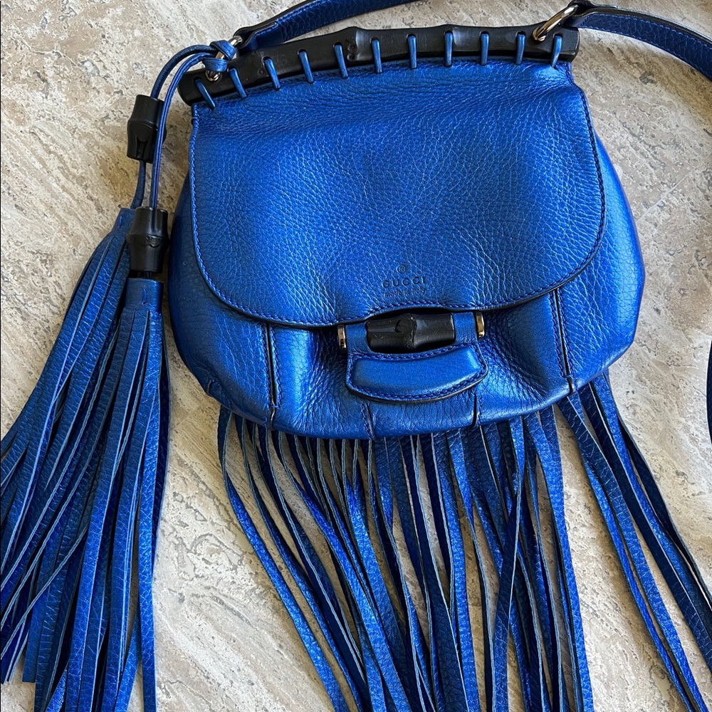 Gucci Nouveau Fringe Blue Pebbled Leather Cross Body Bag
